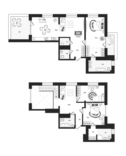 Новая 3-к квартира
 146.9 м² на 15/22 этаже в ЖК «Маэстро» в городе Тюмень 