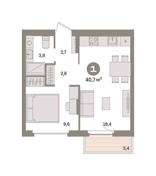 Новая 1-к квартира
 40.7 м² на 5/9 этаже в ЖК «Квартал «Депо»» в городе Тюмень 