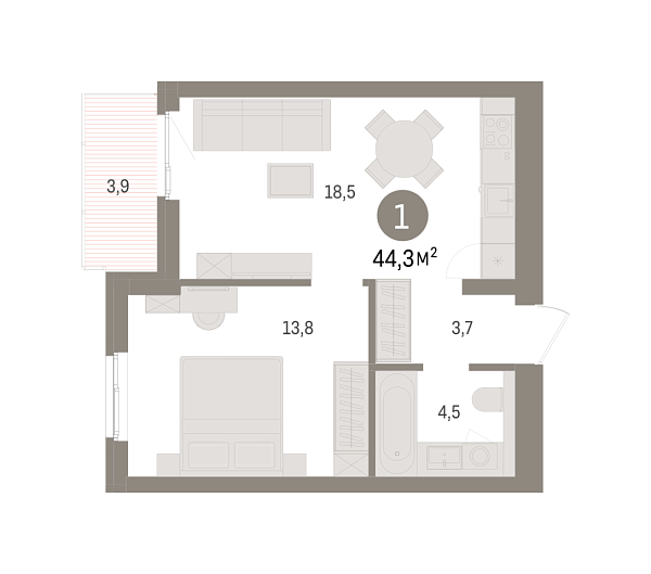 Новая 1-к квартира
 44.34 м² на 5/8 этаже в ЖК «Брусника в Новоселье» в городе Тюмень 