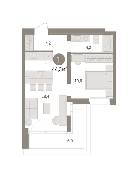 Новая 1-к квартира
 44.31 м² на 13/16 этаже в ЖК «Кварталы «На Минской»» в городе Тюмень 