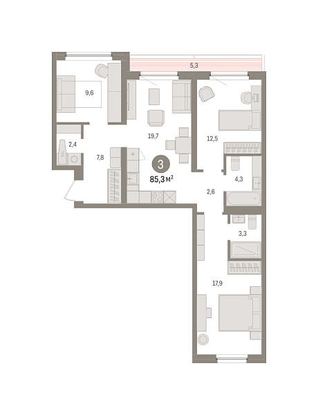 Новая 3-к квартира
 85.34 м² на 6/7 этаже в ЖК «Зарека» в городе Тюмень 