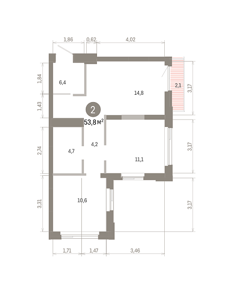 Количество комнат: 2,  53.82 кв.м.