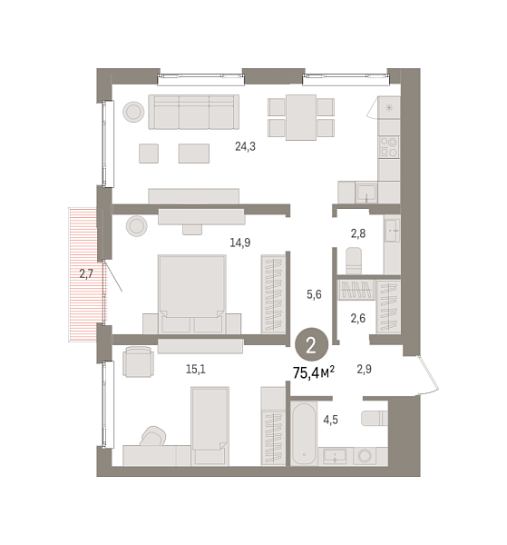 Новая 2-к квартира
 75.4 м² на 13/16 этаже в ЖК «Квартал «Траектория»» в городе Тюмень 