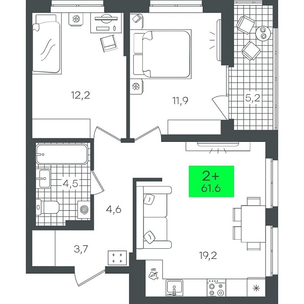 Новая 2-к квартира
 61.6 м² на 10/22 этаже в ЖК «Гранд Квартал» в городе Тюмень 