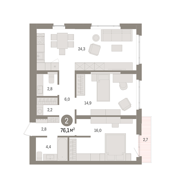 Новая 2-к квартира
 76.1 м² на 13/16 этаже в ЖК «Квартал «Траектория»» в городе Тюмень 