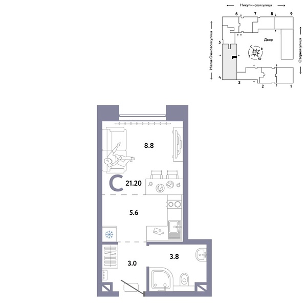 Новая квартира-студия
 21.2 м² на 3/30 этаже в ЖК «Страна.Озёрная» в городе Тюмень 