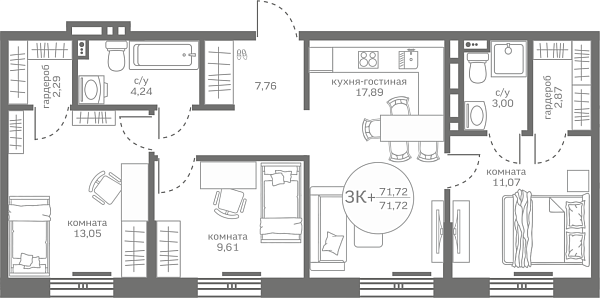 Новая 3-к квартира
 71.72 м² на 1/17 этаже в ЖК «Меридиан ЮГ» в городе Тюмень 