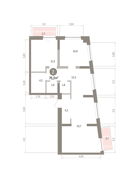 Количество комнат: 2,  75.2 кв.м.