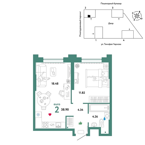 Новая 2-к квартира
 38.9 м² на 3/31 этаже в ЖК «Звёздный» в городе Тюмень 