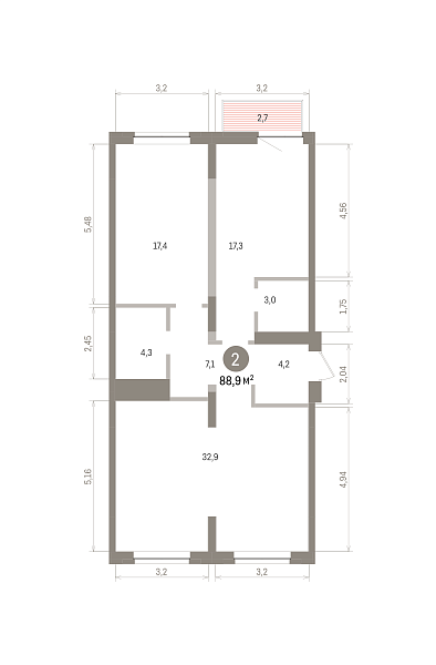 Количество комнат: 2,  88.9 кв.м.