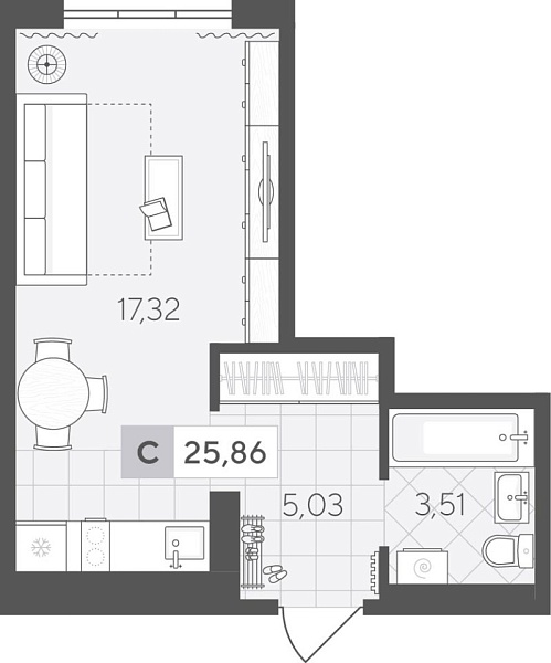 Новая квартира-студия
 25.86 м² на 2/4 этаже в ЖК «Скандиа. Квартал у Озера» в городе Тюмень 