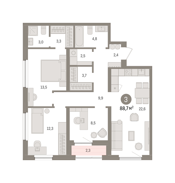 Новая 3-к квартира
 88.69 м² на 15/16 этаже в ЖК «Зарека» в городе Тюмень 