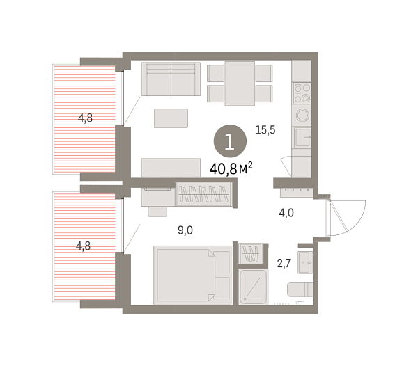 Новая 1-к квартира
 40.79 м² на 4/9 этаже в ЖК «Брусника в Академическом» в городе Тюмень 