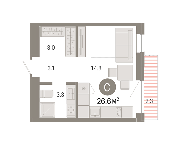 Новая квартира-студия
 26.56 м² на 8/8 этаже в ЖК «Октябрьский на Туре» в городе Тюмень 