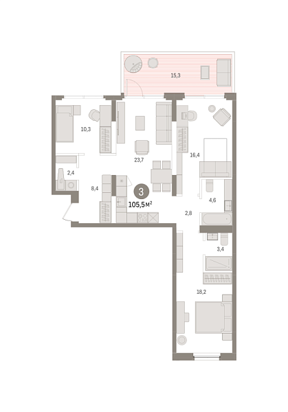 Новая 3-к квартира
 105.54 м² на 2/7 этаже в ЖК «Зарека» в городе Тюмень 