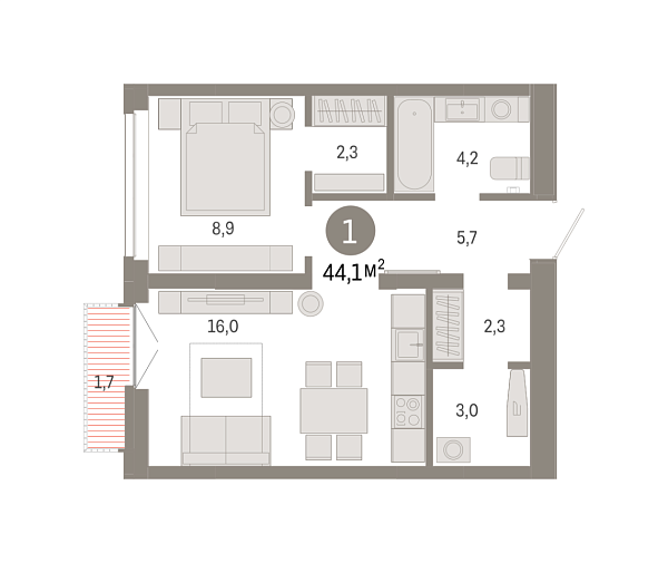 Новая 1-к квартира
 44.1 м² на 9/9 этаже в ЖК «Республики 205» в городе Тюмень 