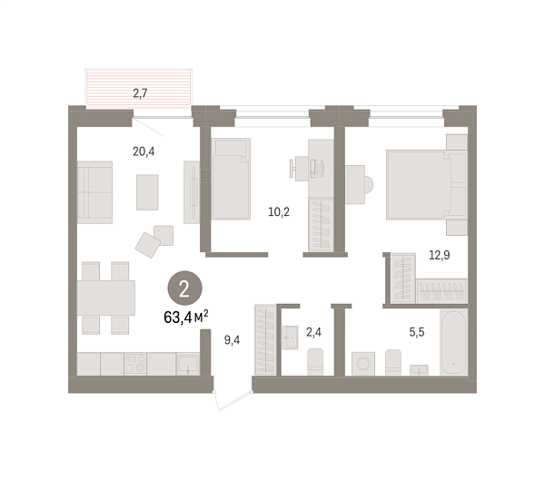 Новая 2-к квартира
 63.4 м² на 7/9 этаже в ЖК «Речной порт» в городе Тюмень 