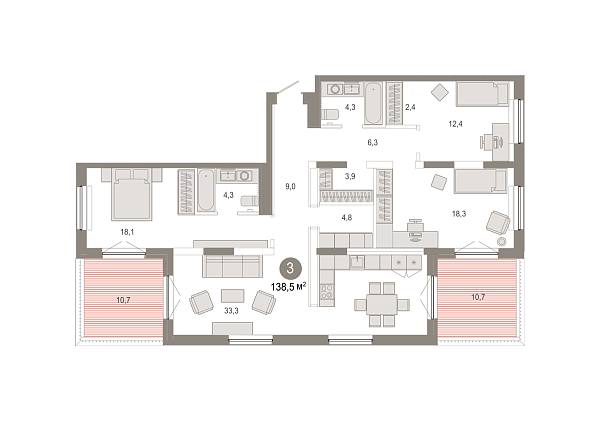 Новая 3-к квартира
 138.52 м² на 17/17 этаже в ЖК «Октябрьский на Туре» в городе Тюмень 