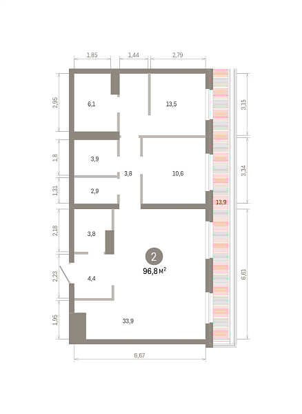 Количество комнат: 2,  96.76 кв.м.