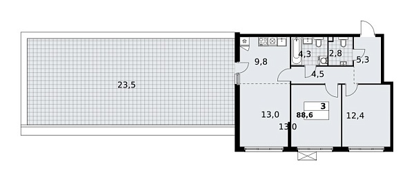 Новая 3-к квартира
 88.6 м² на 2/12 этаже в ЖК «Скандинавия» в городе Тюмень 