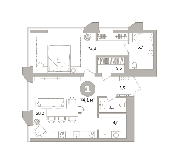Новая 1-к квартира
 74.06 м² на 5/21 этаже в ЖК «Гоголя 21» в городе Тюмень 