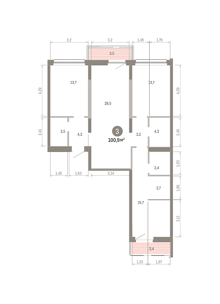 Количество комнат: 3,  100.9 кв.м.