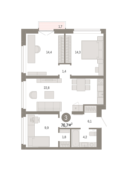 Новая 3-к квартира
 76.66 м² на 7/9 этаже в ЖК «Республики 205» в городе Тюмень 