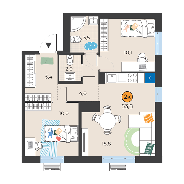 Новая 2-к квартира
 53.8 м² на 25/25 этаже в ЖК «Корней» в городе Тюмень 