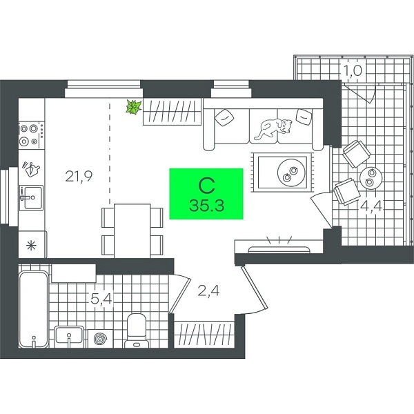 Новая квартира-студия
 35.33 м² на 4/12 этаже в ЖК «Гранд Квартал» в городе Тюмень 