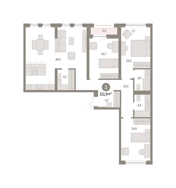 Новая 3-к квартира
 111.9 м² на 4/8 этаже в ЖК «Зарека» в городе Тюмень 