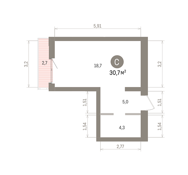 Количество комнат: Студия,  30.7 кв.м.