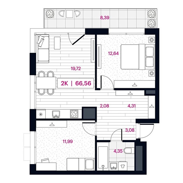 Новая 2-к квартира
 66.86 м² на 5/16 этаже в ЖК «Пушкина» в городе Тюмень 