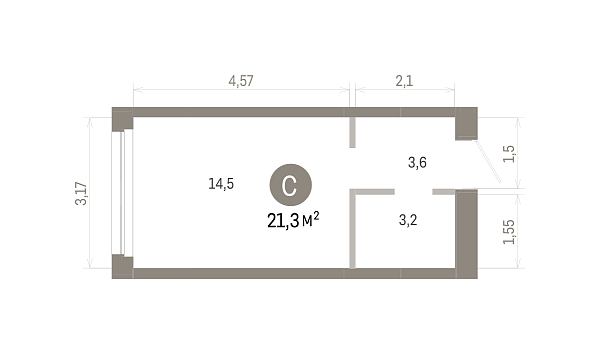 Количество комнат: Студия,  21.3 кв.м.