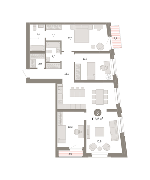 Новая 3-к квартира
 118.5 м² на 6/10 этаже в ЖК «Речной порт» в городе Тюмень 