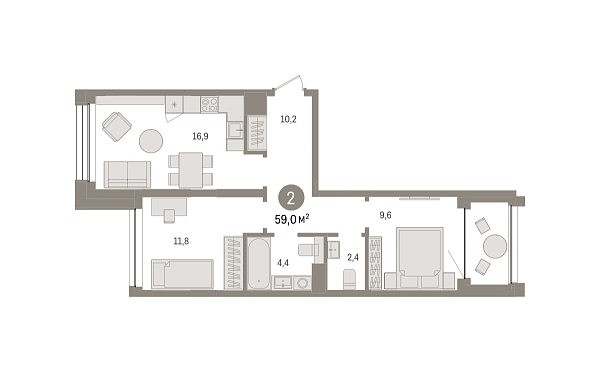Новая 2-к квартира
 58.95 м² на 5/9 этаже в ЖК «Европейский квартал» в городе Тюмень 