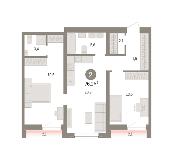 Новая 2-к квартира
 76.1 м² на 3/10 этаже в ЖК «Речной порт» в городе Тюмень 