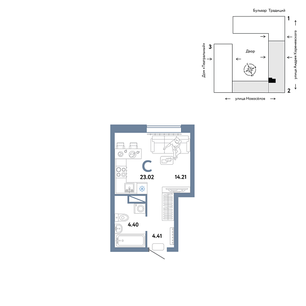 Новая квартира-студия
 23.02 м² на 12/16 этаже в ЖК «Домашний» в городе Тюмень 