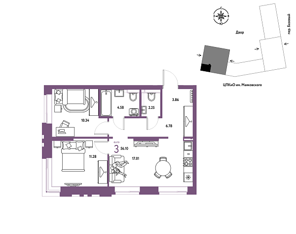 Новая 3-к квартира
 56.1 м² на 4/25 этаже в ЖК «Сибирский сад» в городе Тюмень 