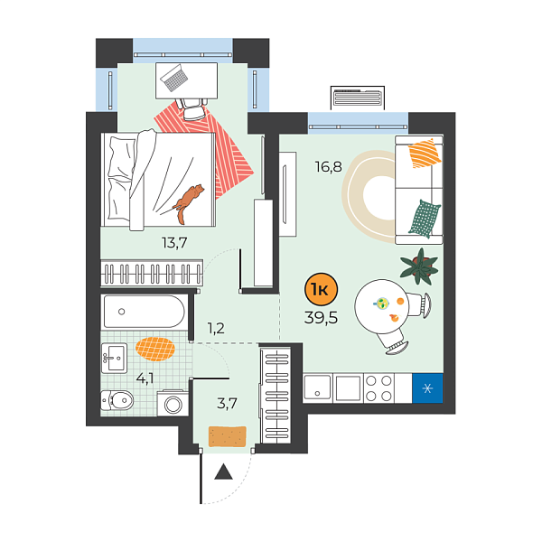 Новая 1-к квартира
 39.5 м² на 5/25 этаже в ЖК «Корней» в городе Тюмень 