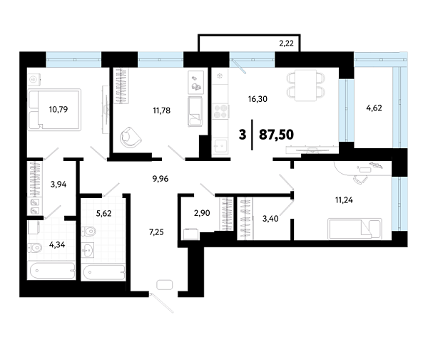 Новая 3-к квартира
 87.5 м² на 5/24 этаже в ЖК «Квартал в Гагаринском парке» в городе Тюмень 