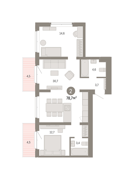 Новая 2-к квартира
 78.73 м² на 6/7 этаже в ЖК «Кварталы «На Минской»» в городе Тюмень 
