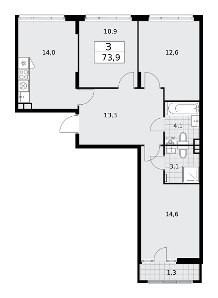 Новая 3-к квартира
 73.9 м² на 15/15 этаже в ЖК «Деснаречье» в городе Тюмень 