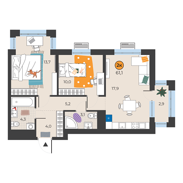 Новая 2-к квартира
 59.1 м² на 9/25 этаже в ЖК «Корней» в городе Тюмень 