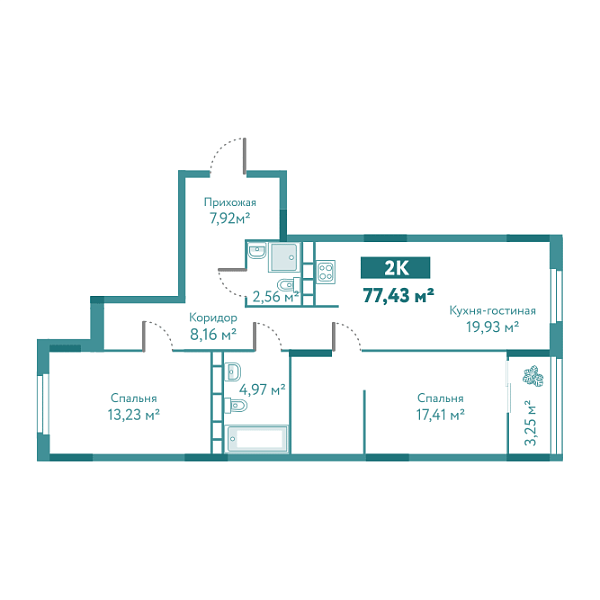 Новая 2-к квартира
 77.43 м² на 2/10 этаже в ЖК «Акватория» в городе Тюмень 