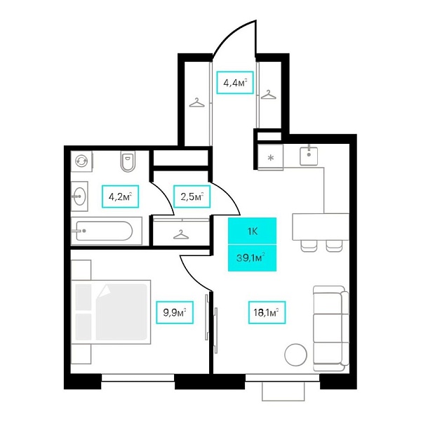 Новая 1-к квартира
 39.1 м² на 8/23 этаже в ЖК «Futuro» в городе Тюмень 