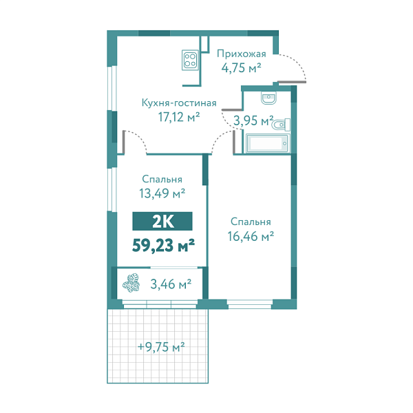 Новая 2-к квартира
 59.23 м² на 1/10 этаже в ЖК «Акватория» в городе Тюмень 