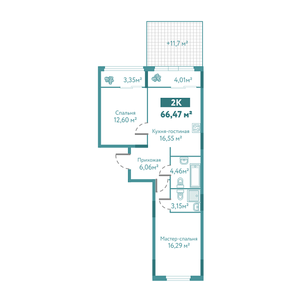 Новая 2-к квартира
 66.47 м² на 1/10 этаже в ЖК «Акватория» в городе Тюмень 