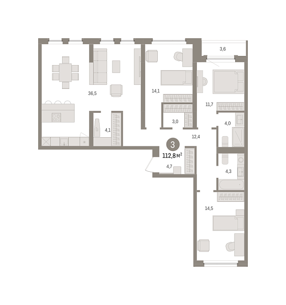 Новая 3-к квартира
 112.79 м² на 6/8 этаже в ЖК «Зарека» в городе Тюмень 