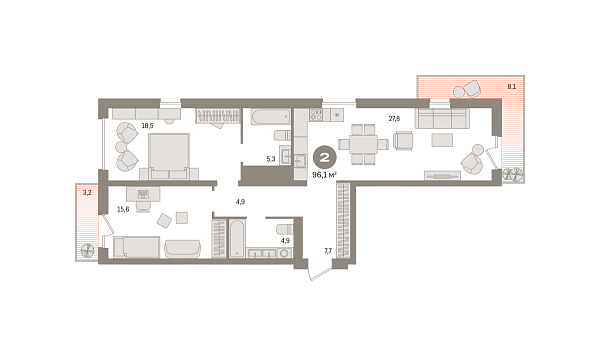 Новая 2-к квартира
 96.08 м² на 12/15 этаже в ЖК «Новин» в городе Тюмень 