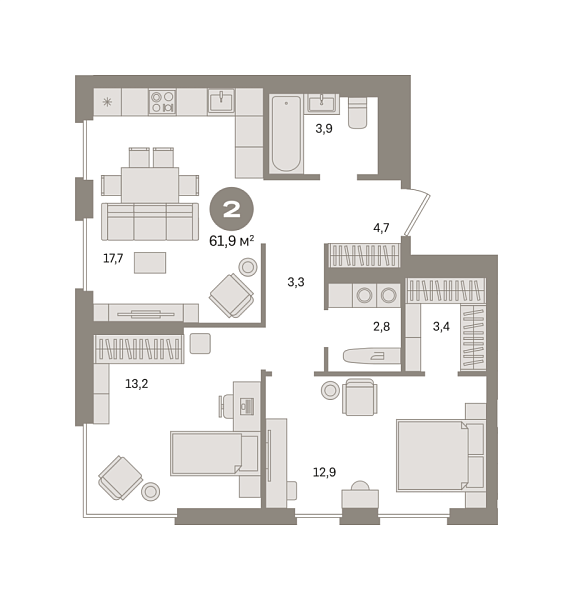 Новая 2-к квартира
 61.93 м² на 8/30 этаже в ЖК «Квартал Герцена» в городе Тюмень 